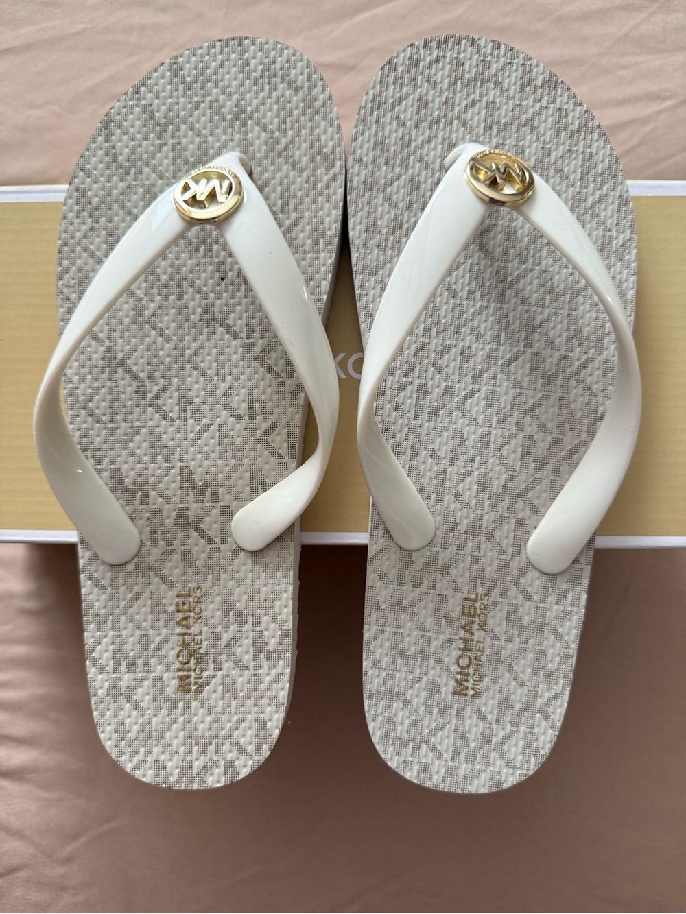 Michael Kors Cream and Gold Logo Thong Sandals